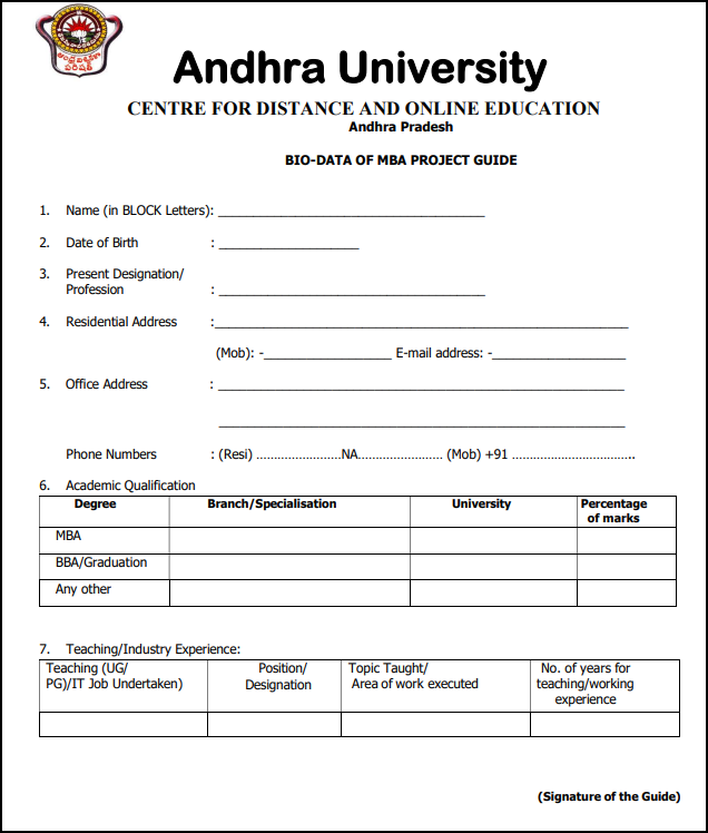 Andhra university project guide format 
